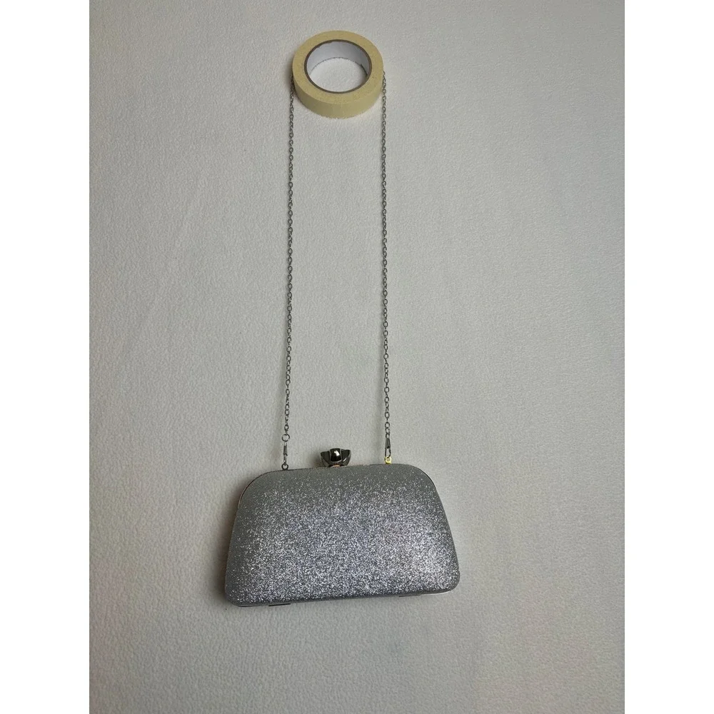 Silver Glitter Evening Clutch Bag Flower Crystal Clasp Chain Strap Formal Purse‎